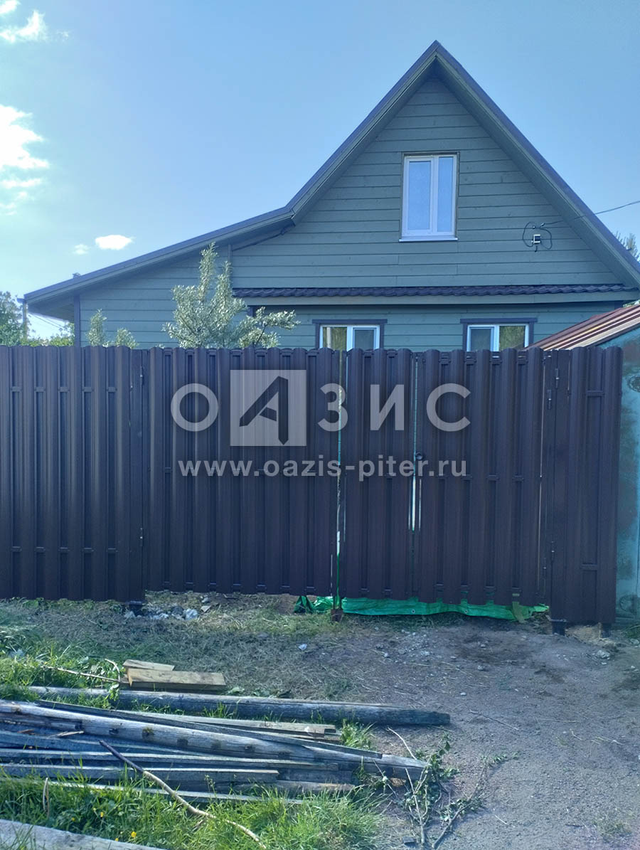 Забор из штакетника на винтовых сваях-30 пог. м,  п. Борисова грива с распашными воротами